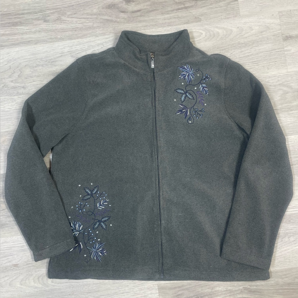 Floral Embroidered Gray Women's Cardigan rhinestone embellishment sz XL